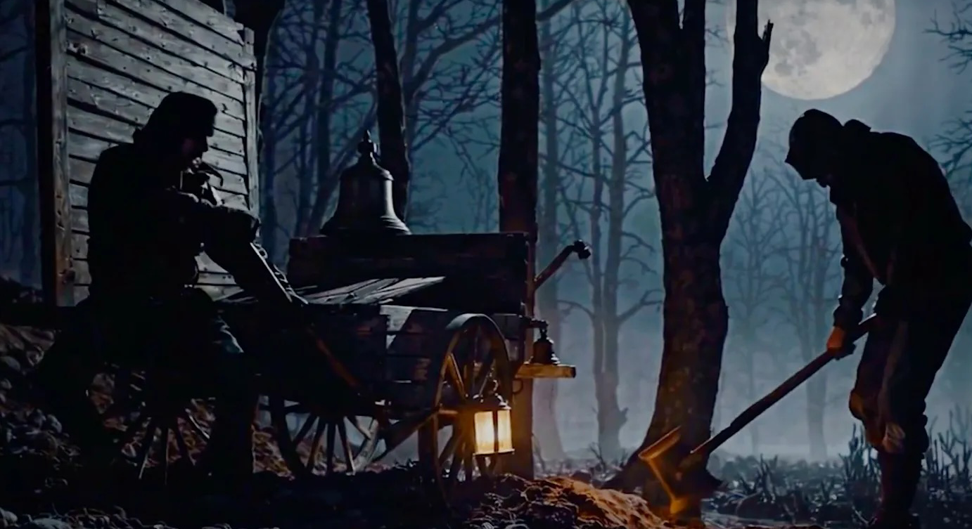 Two silhouetted individuals burying a church bell in a forest at night, illuminated by a lantern, with a full moon and leafless trees in the background.