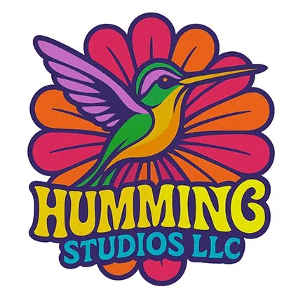 Psychedelic Hummingbird Logo with the text "Humming Studios LLC" beneath it, surrounded by a vibrant floral design.