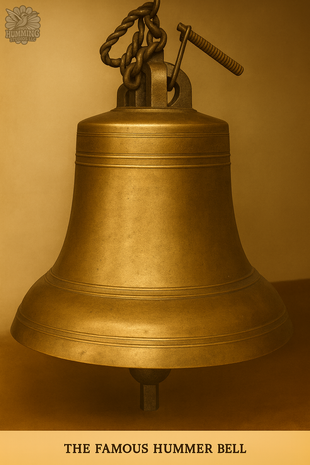 A large, gold-colored bell with a chain and clapper, labeled 'The Famous Hummer Bell'.
