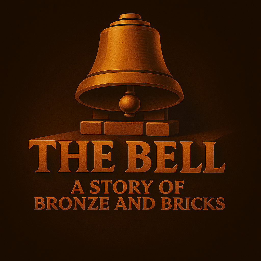 Image of a bronze bell mounted on bricks with the text "The Bell: A Story of Bronze and Bricks" beneath it, against a dark background.