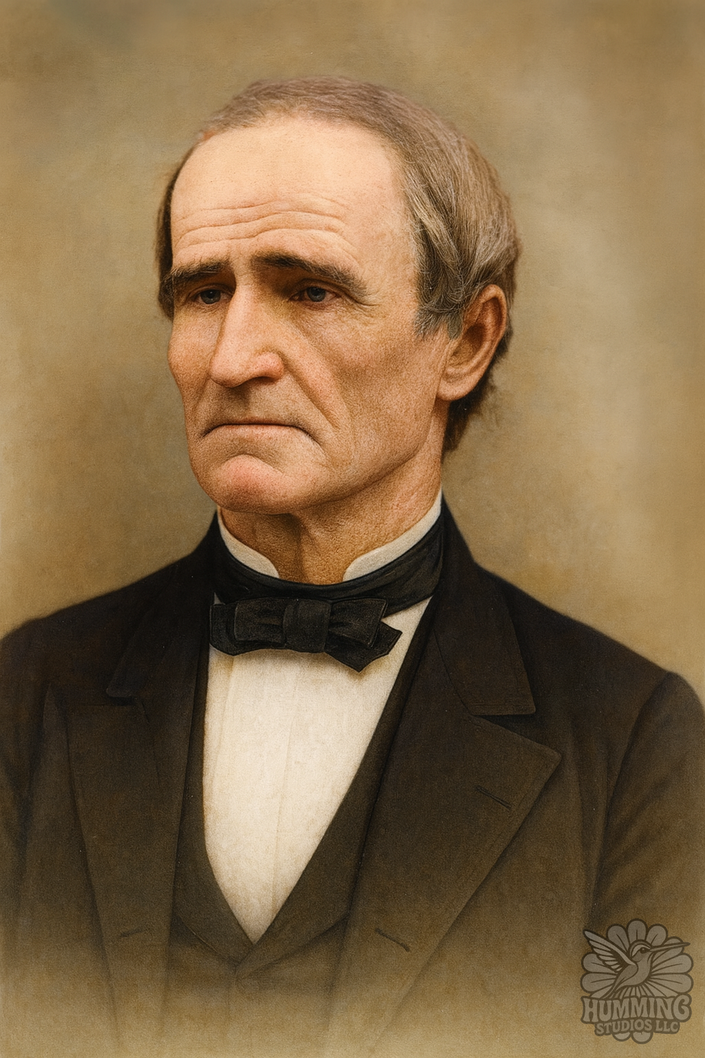 A man in a black suit with a white shirt and a black bow tie, looking serious, with a plain beige background.