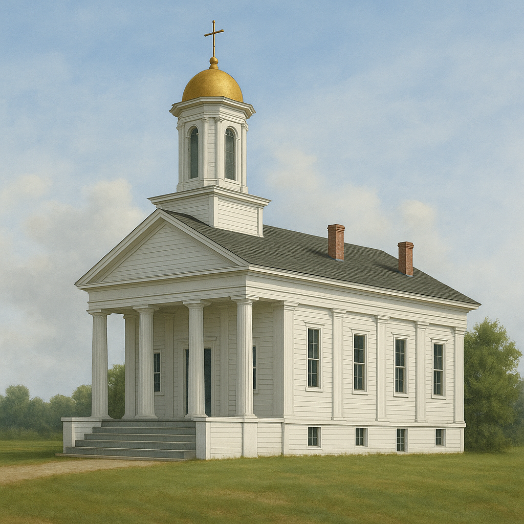 North Side Presbyterian Church wooden construction with a gold dome and cross, tall columns at entrance, and multiple windows, surrounded by grassy area and trees.