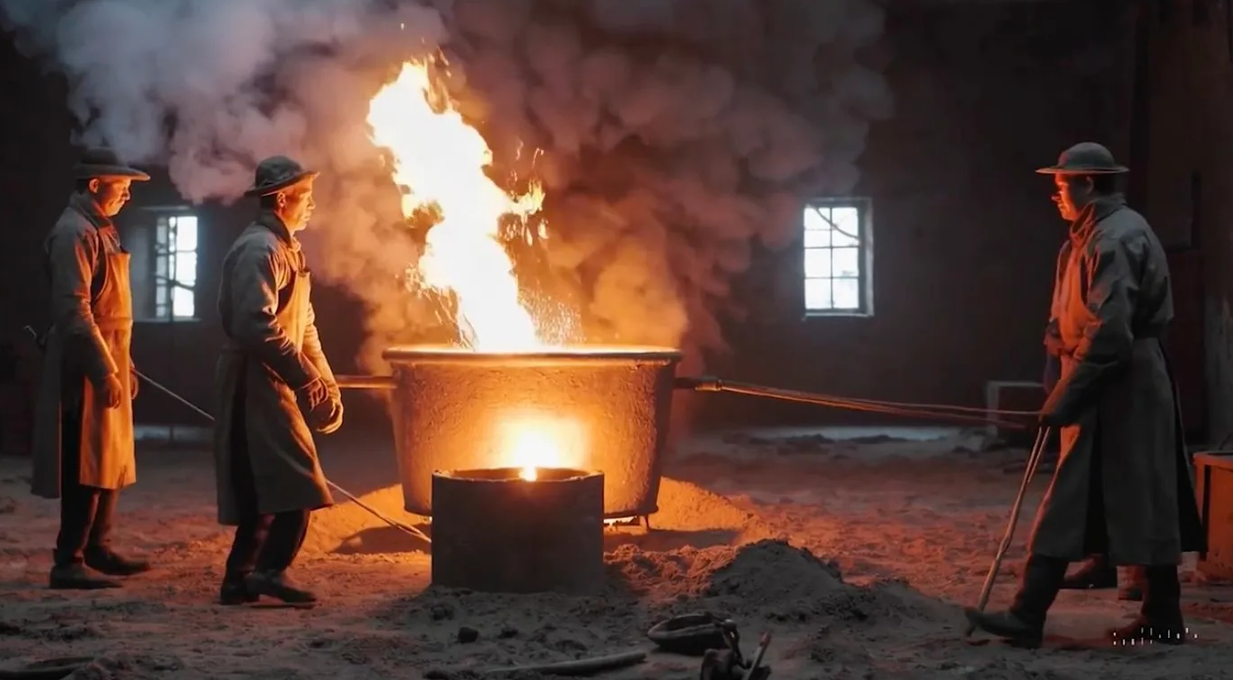 Four workers in protective clothing and wide-brimmed hats standing around a large cauldron with flames and smoke coming out, inside a dark industrial or foundry setting with small windows.