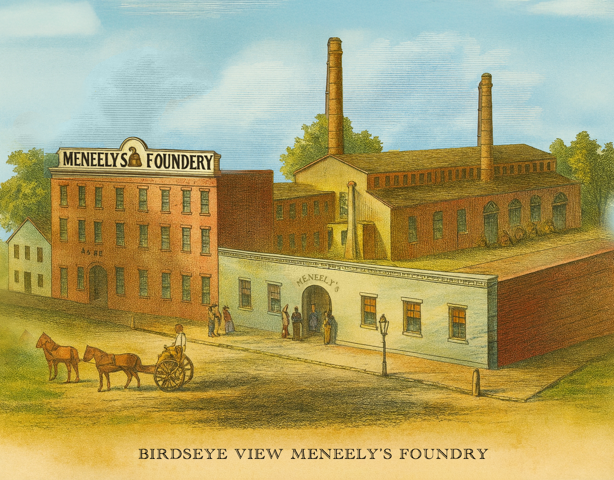 A historic illustration of Meneely's Foundry, showing several brick buildings with tall chimneys, a white building with arched entrance, and a horse-drawn carriage in the foreground. Trees surround the buildings, and there are small groups of people near the entrance.