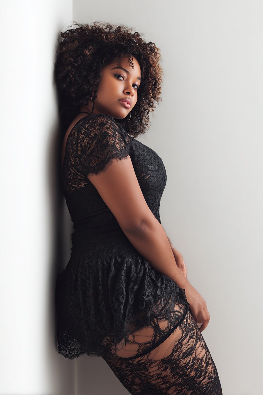 Young woman with curly hair in a black lace dress, leaning against a white wall.