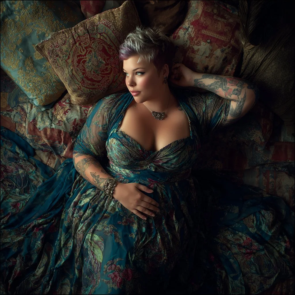 A woman with short, platinum blonde hair lying on a bed surrounded by ornate pillows, wearing a colorful dress with floral patterns, tattoos on her arm, and jewelry including a necklace and bracelets.