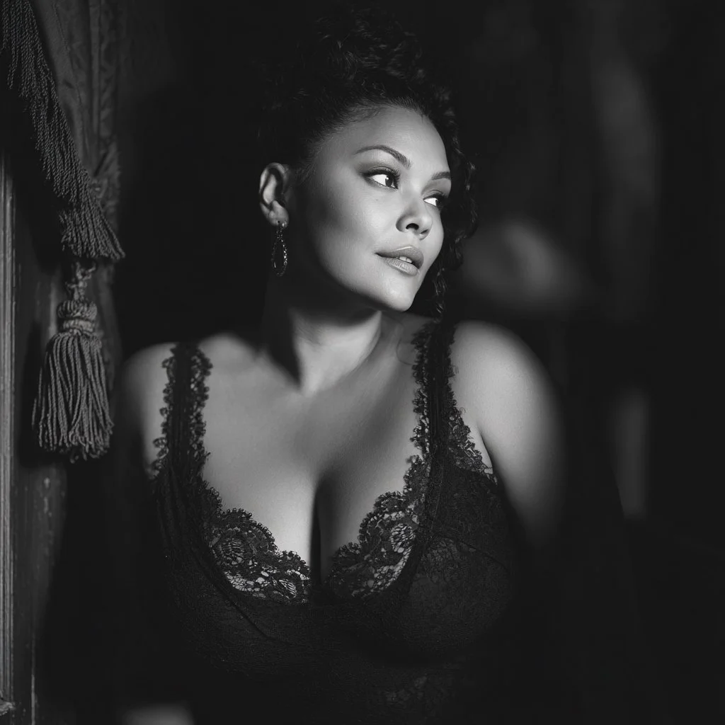 Black and white portrait of a woman with curly hair, wearing a lace dress, looking to her right with a soft expression.