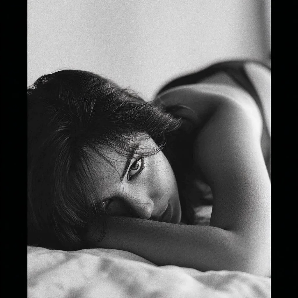 A woman with dark hair lying on her side on a bed, looking directly at the camera in black and white.