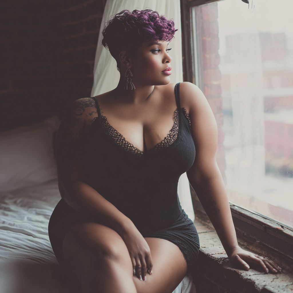 A woman with short, curly purple hair sitting on a window sill in a dimly lit room, gazing outside.