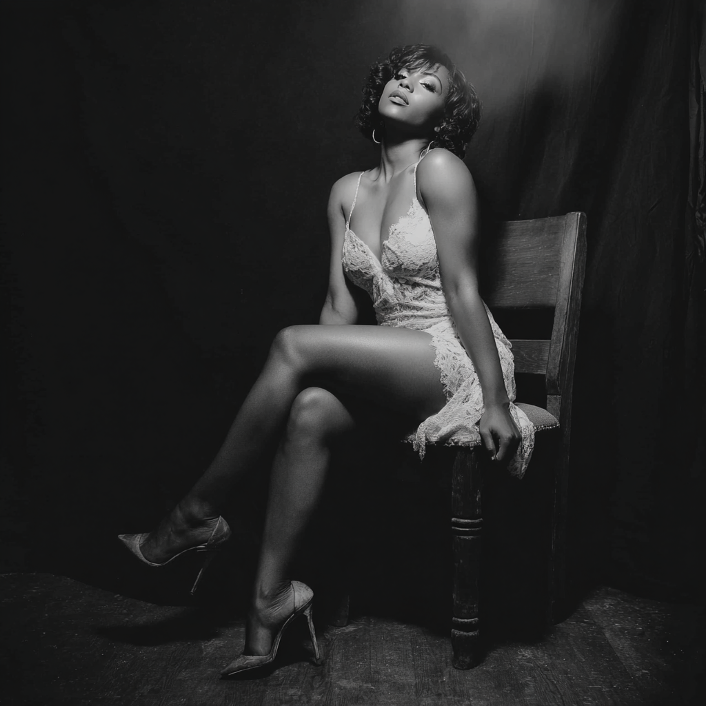 A woman wearing a lace dress and high heels sitting on a wooden chair, with one leg crossed over the other, in a black and white photo.