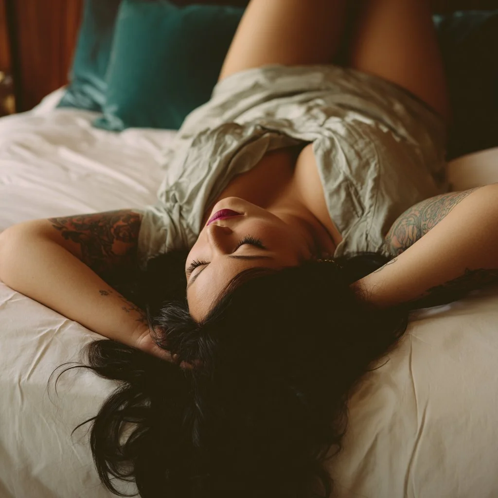 Woman with dark hair and tattoos lying on a bed with her eyes closed, wearing a loose gray shirt, with colorful pillows in the background.
