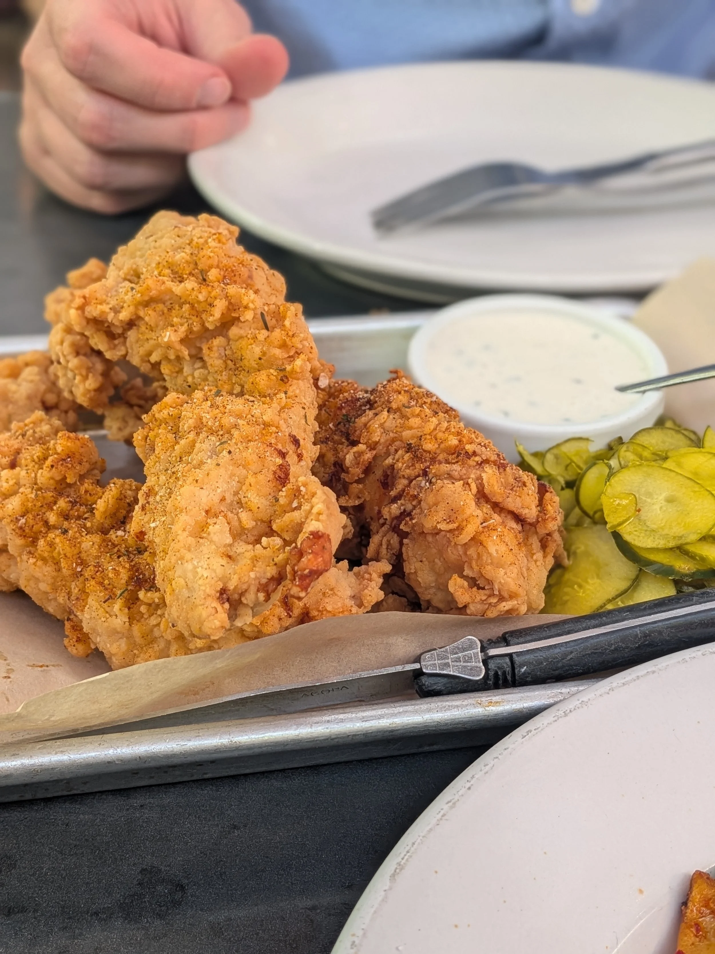 Chicken tenders, pickles and a sauce from Lo &amp; Behold in Healdsburg, CA