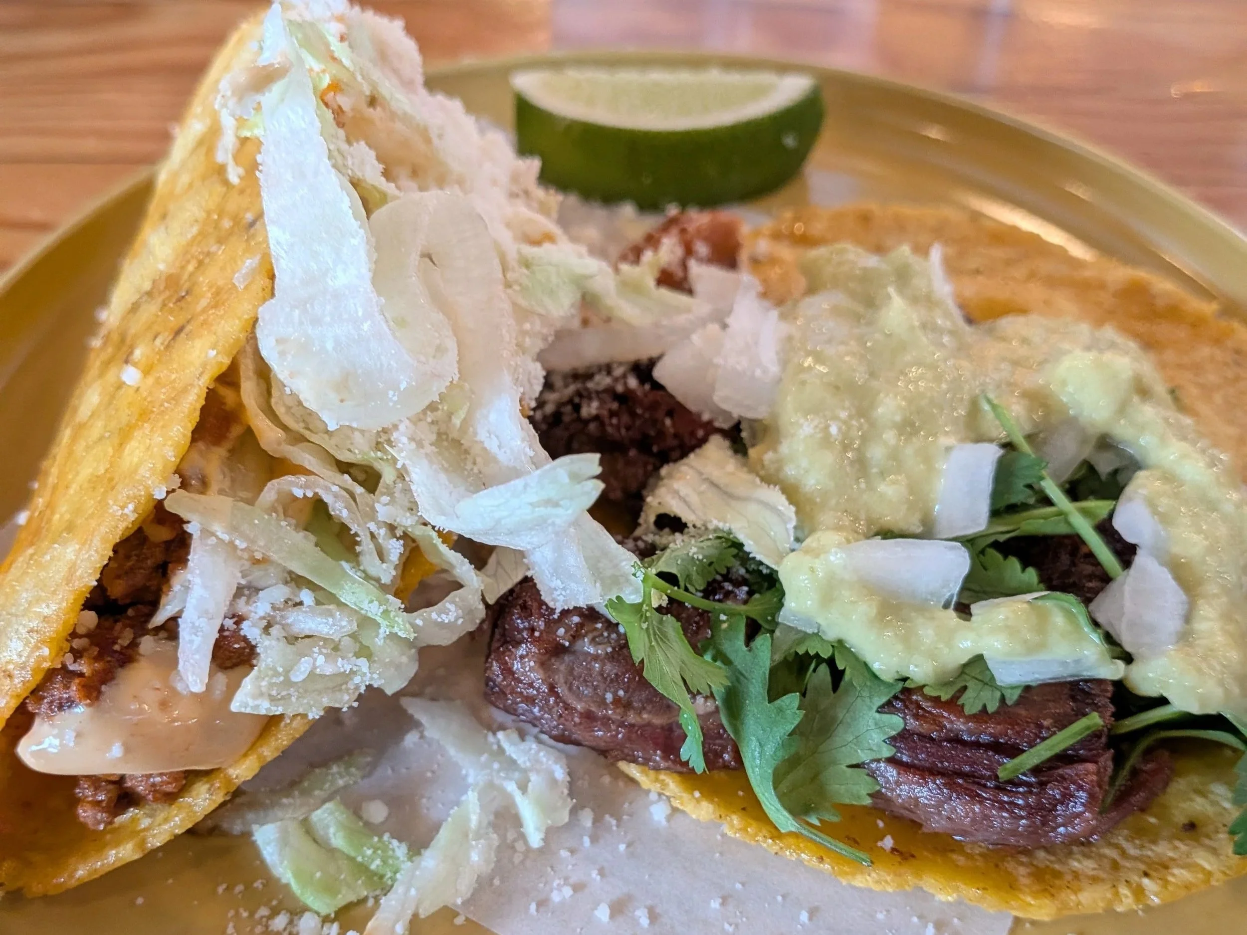 A suadero taco and the "Kansas City" taco from Tacos Valentina