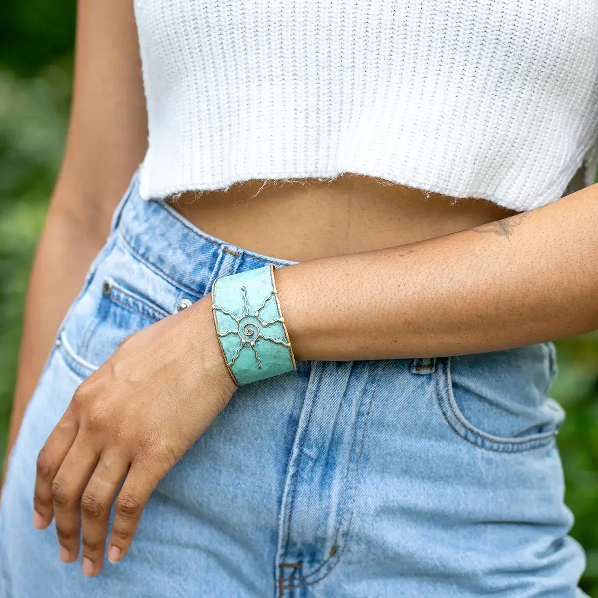 Brass Patina Cuff Bracelet - Blue Sun