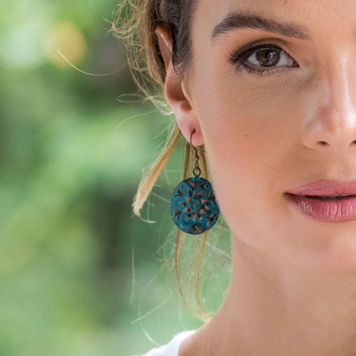 Copper Patina Earrings - Teal Sun Flower