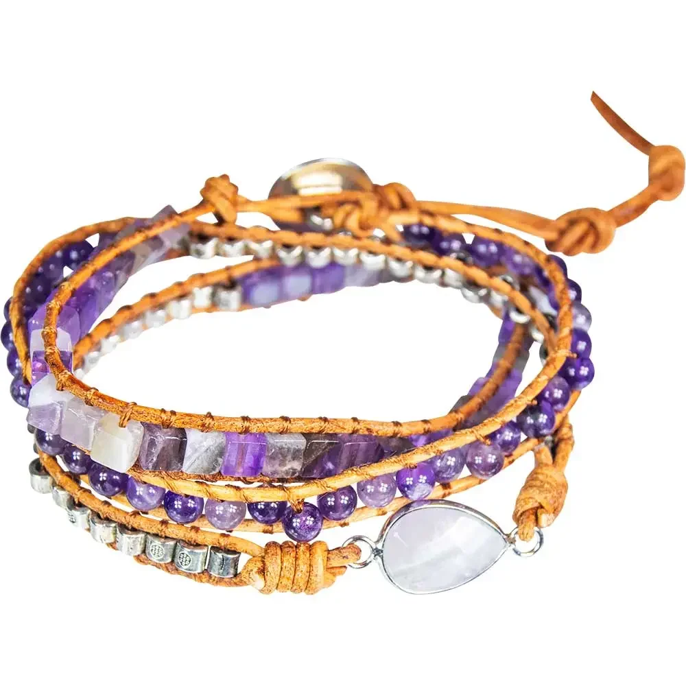 Wrap Bracelet Leather & Amethyst Beads w/ Amethyst Accent