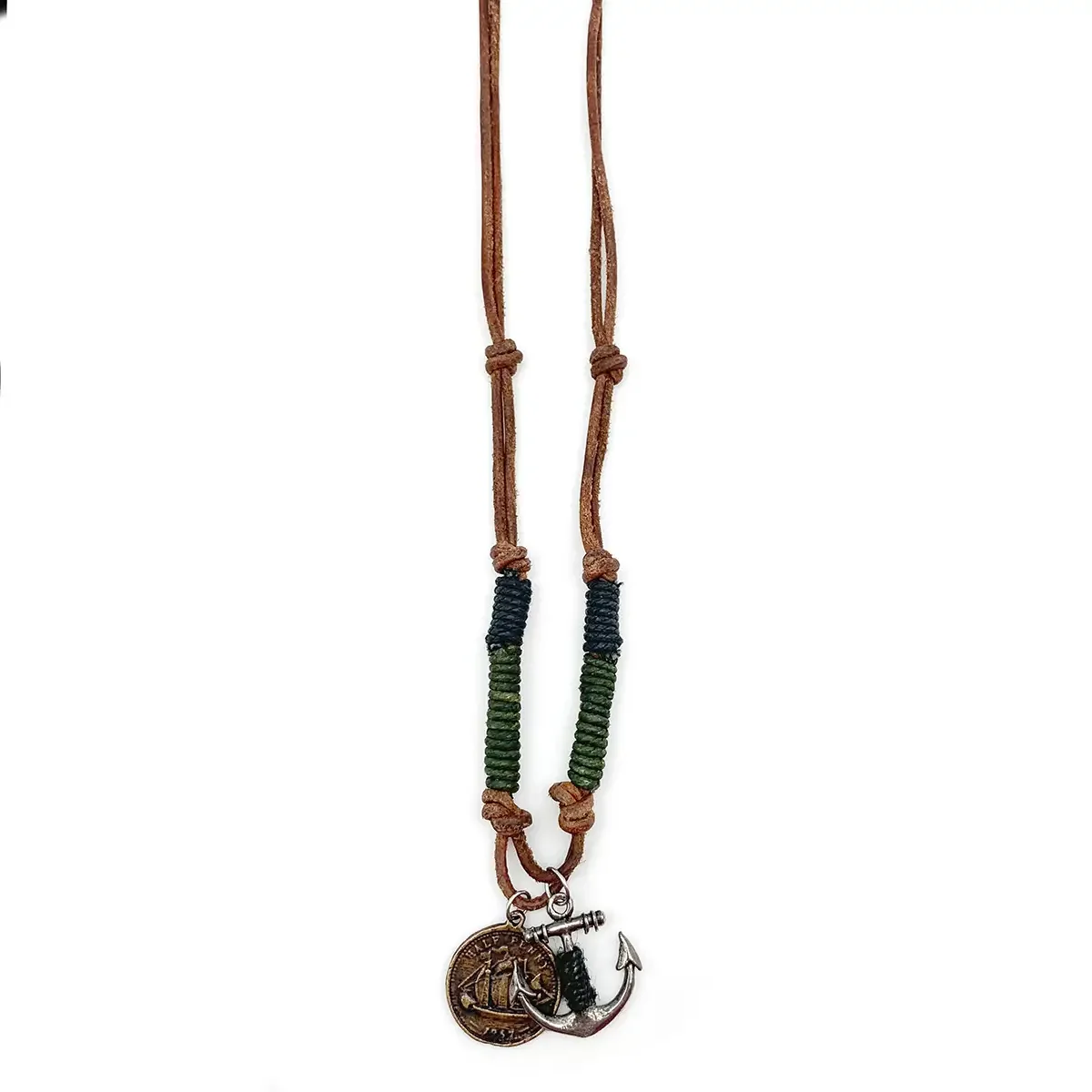 Leather Necklace with Ship Coin and Anchor