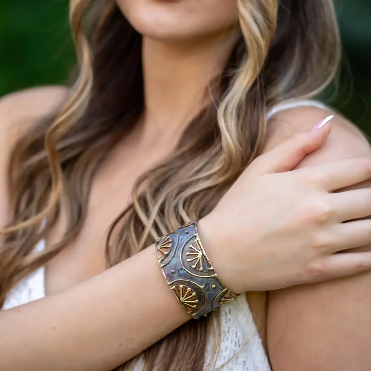 Brass Patina Cuff Bracelet - Rustic Blue Rising Sun