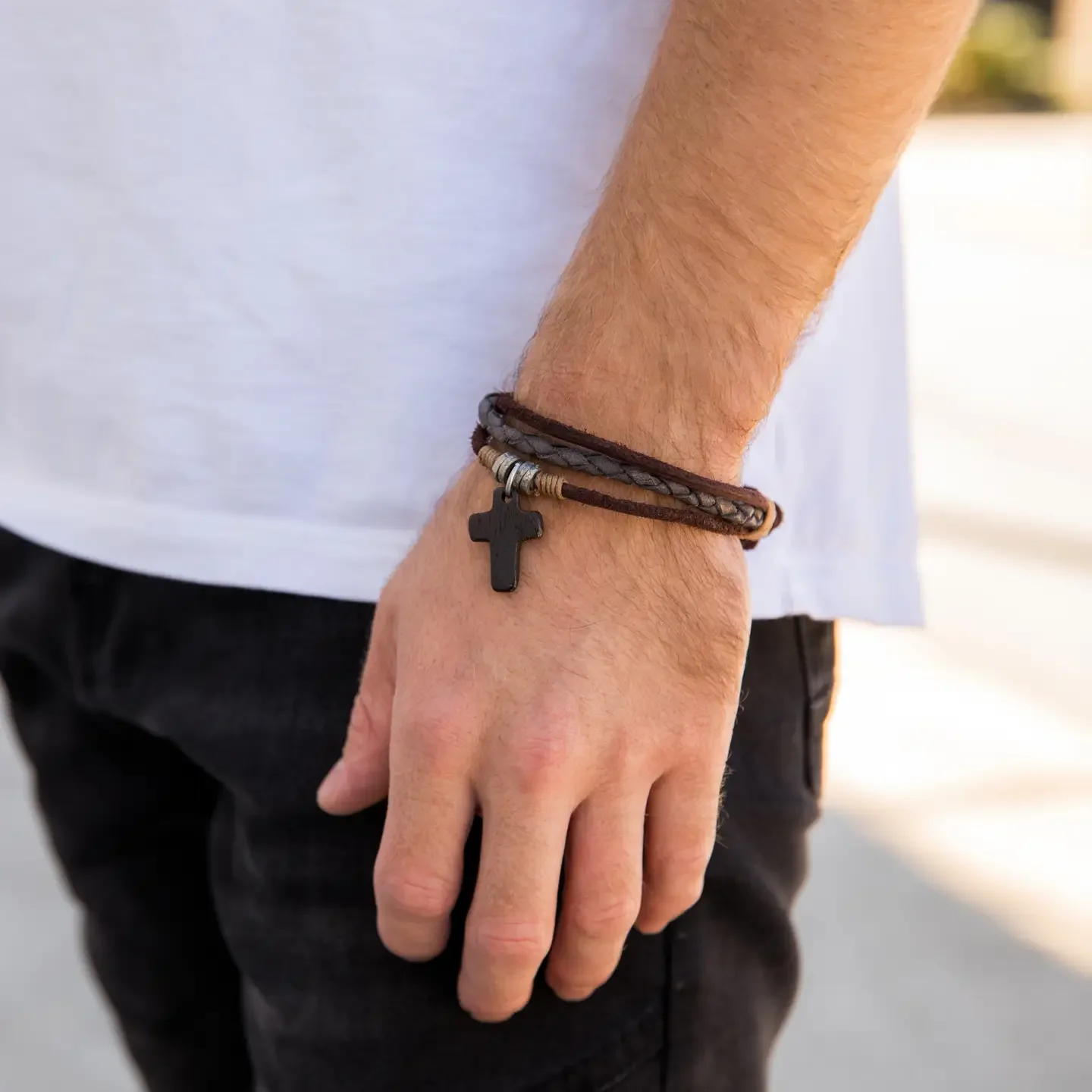 Wooden Cross Leather Men's Bracelet
