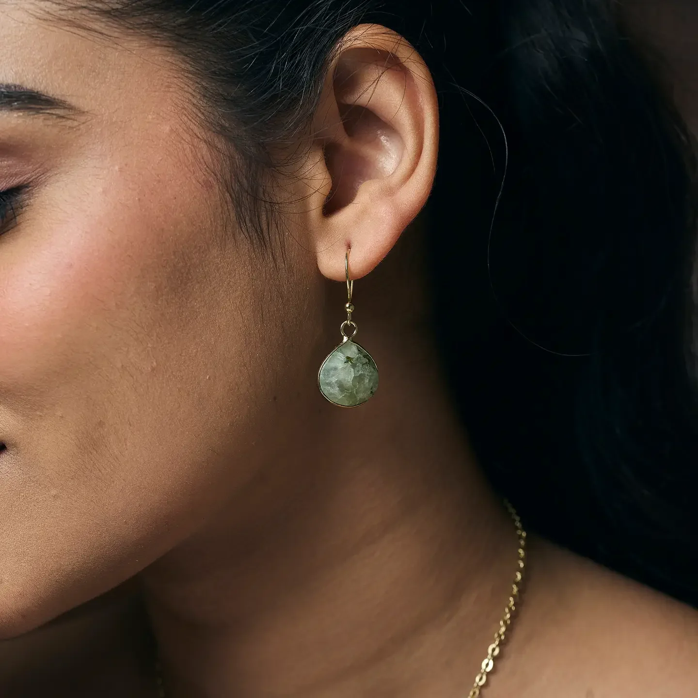 Gold Plated Earrings with Semi-Precious Stone - Prehnite
