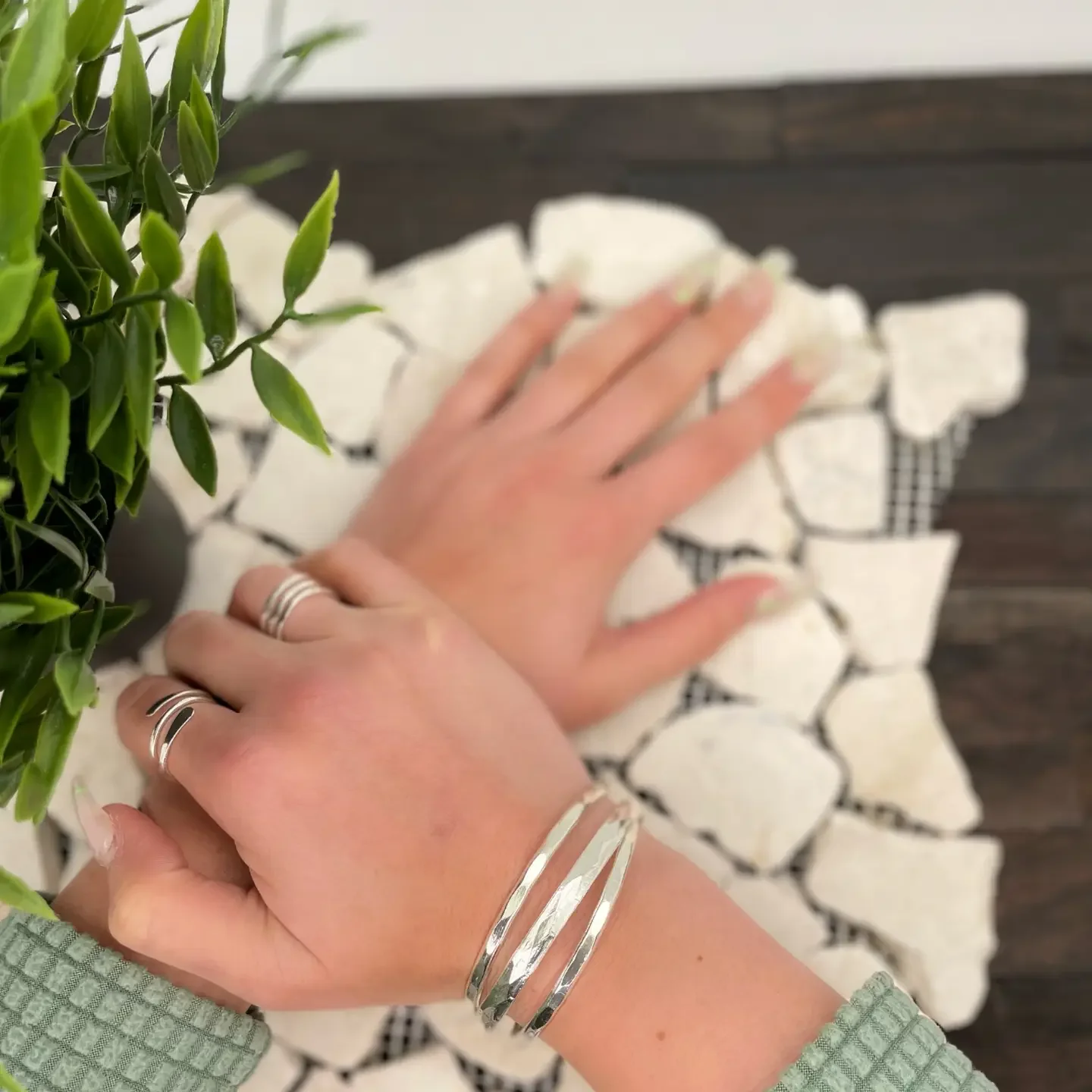Silver Plated Adjustable Cuff Bracelet - Stacked Thin Bands