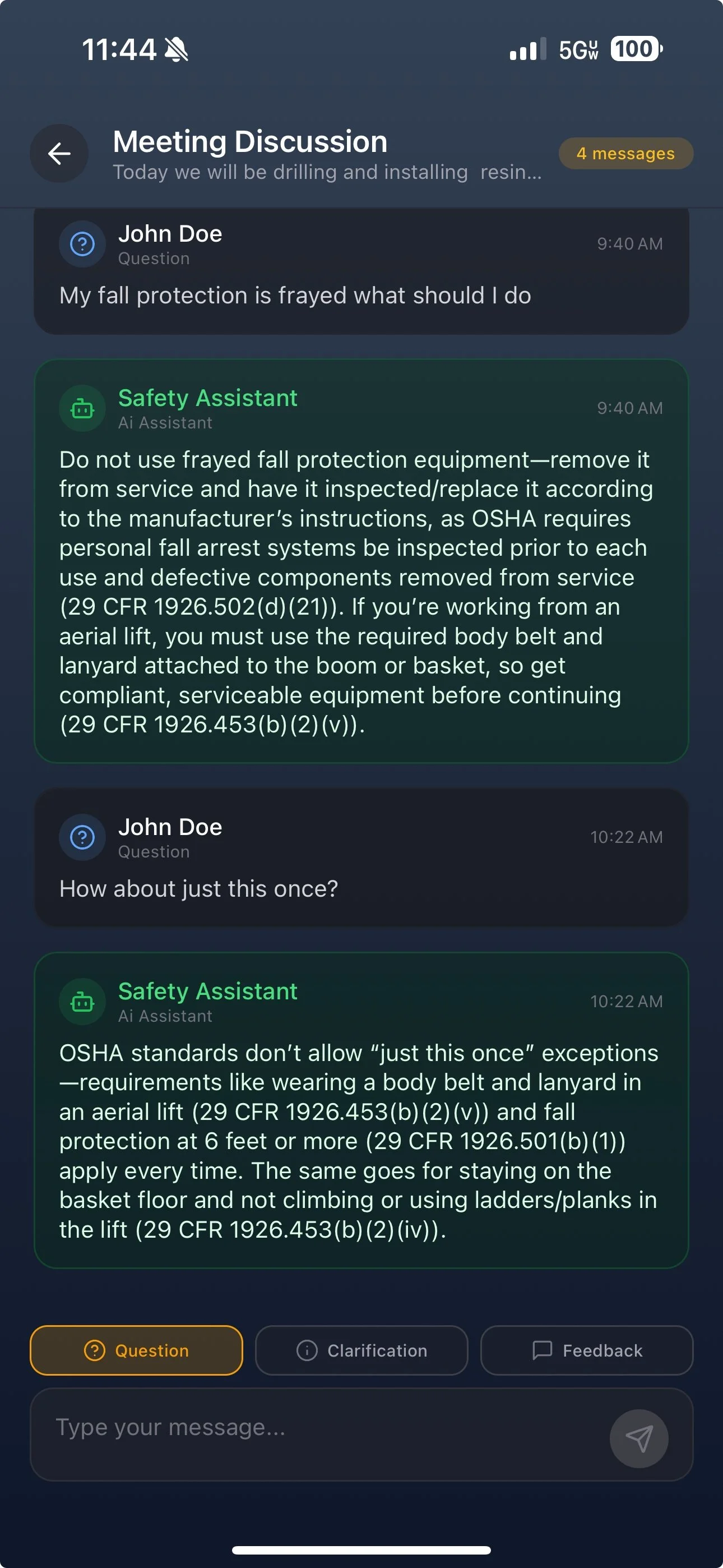 Screenshot of a messaging app with a conversation about fall protection equipment, including messages from John Doe and a safety assistant discussing OSHA standards and safety procedures.