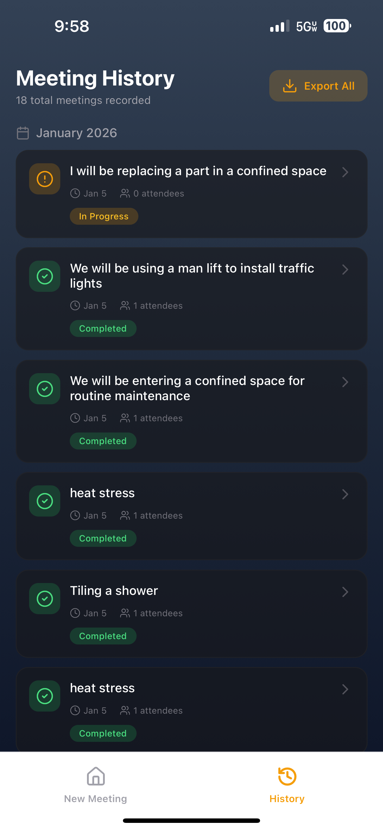A mobile phone screen displaying a meeting history in an app. The screen shows five past meetings with titles, dates, attendance, and status labels like 'In Progress' or 'Completed'. The app has options for exporting all records and navigating to new meetings or viewing history.