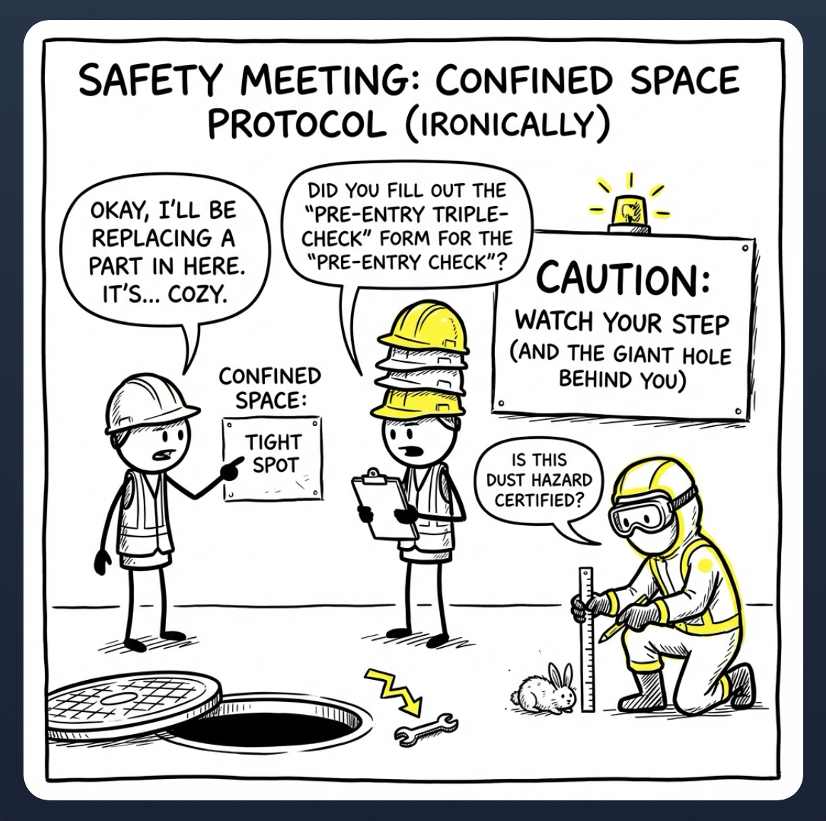 A black-and-white cartoon illustrating safety procedures in confined space protocol with humorous comments. It shows three workers, one with a clipboard and a yellow helmet with stacked helmets, another with a white helmet pointing to a sign that reads 'Tight Spot,' and the third in a full protective suit with goggles, kneeling and measuring a giant hole in the ground with caution signs around.