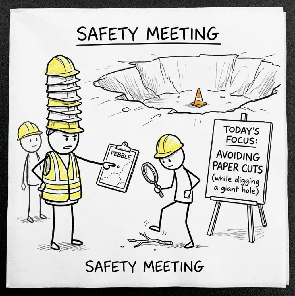 Cartoon depicting a safety meeting about avoiding paper cuts while digging a giant hole. A person points to a pebble, another examines a branch with a magnifying glass, and a safety manager stands with a clipboard titled 'Pebble.' There is a sign with today's focus and a large illustration of a deep hole with a cone inside.