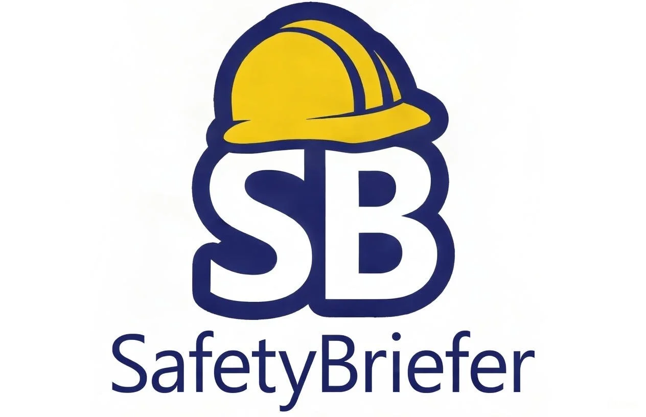 Logo with yellow construction helmet on top, blue outline, and large blue letters 'SB' with 'SafetyBrief' written below.