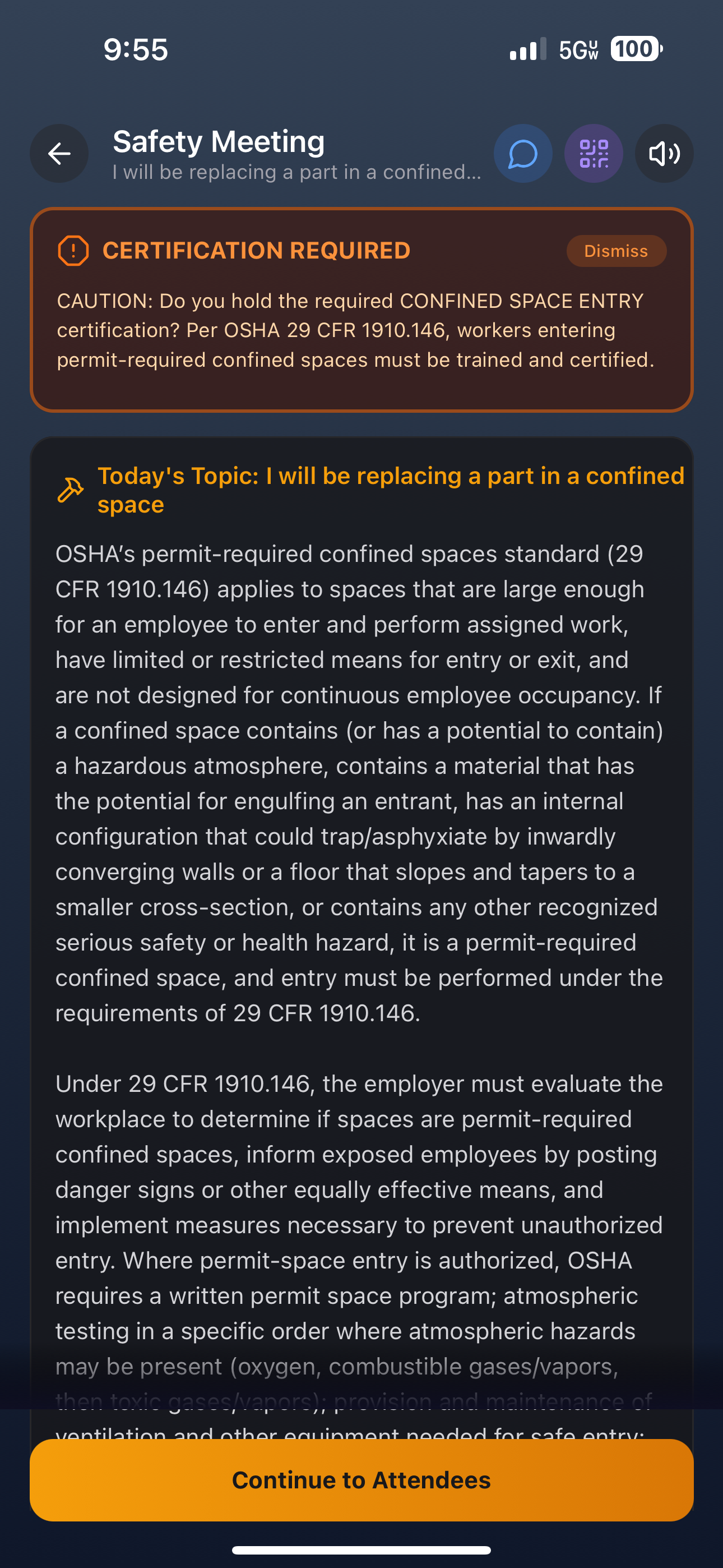 Screenshot of a safety meeting app showing a notification about certification requirements for confined space entry and OSHA standards.