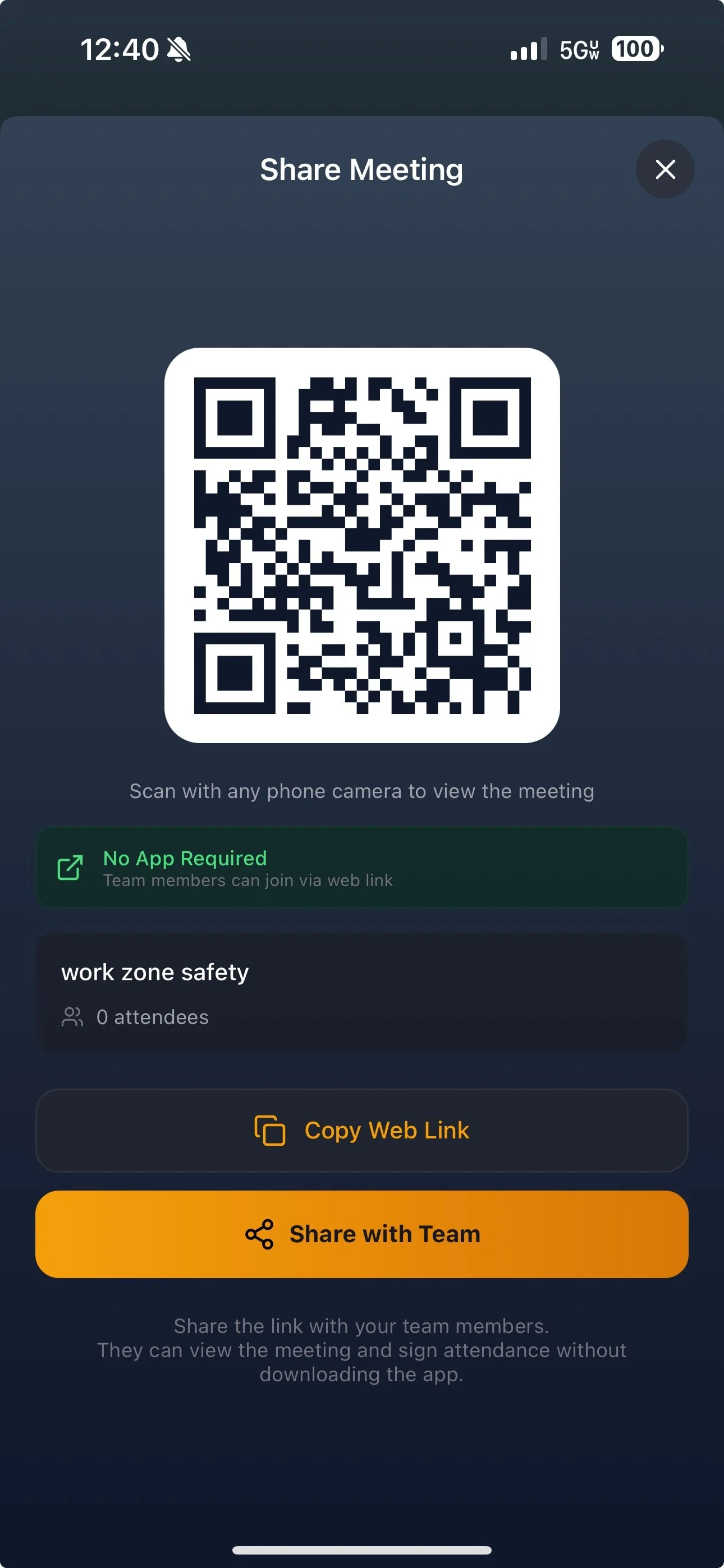 Screenshot of a virtual meeting invitation titled 'Share Meeting,' featuring a QR code for joining a meeting called 'work zone safety.' Options include copying the web link or sharing with the team, with no app required.