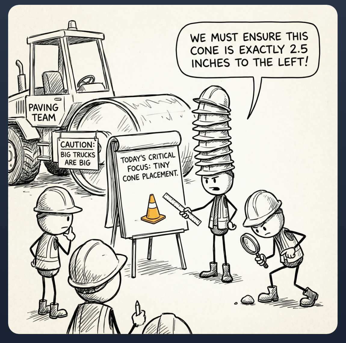 Construction workers using small cones for pavement markings, with one worker wearing a cone hat and showing a small cone to others, in front of a steamroller, with signs about cone placement and safety.