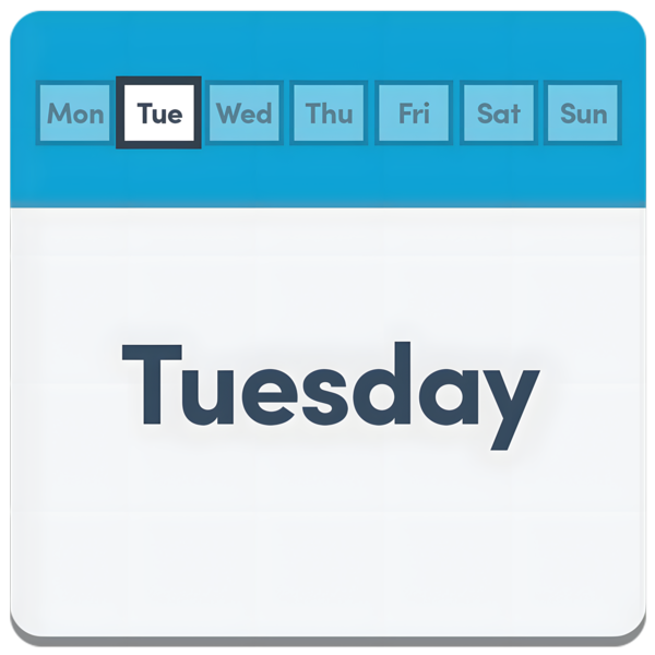 A digital calendar highlighting Tuesday, with the word 'Tuesday' displayed prominently in the main view