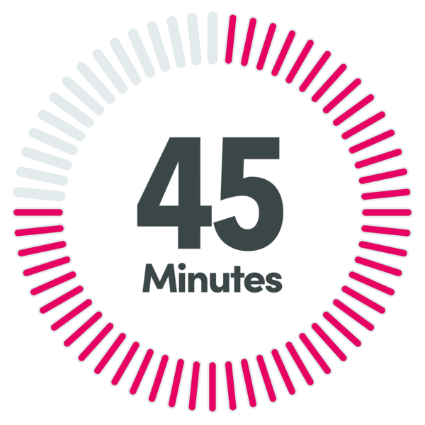 A digital countdown timer showing 45 minutes with a circular progress bar, partially filled with pink and white segments, against a black background.