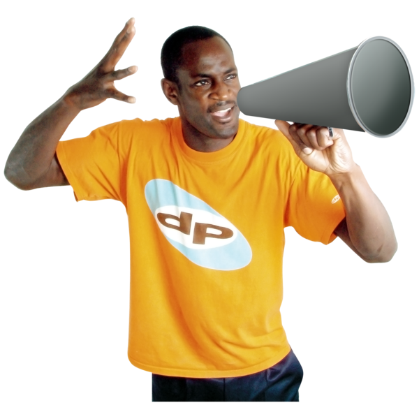 A man in a yellow shir speaks into a megaphone.