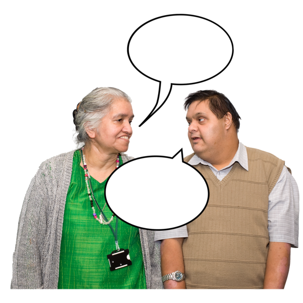 Two people talk, with speech bubbles over them too.