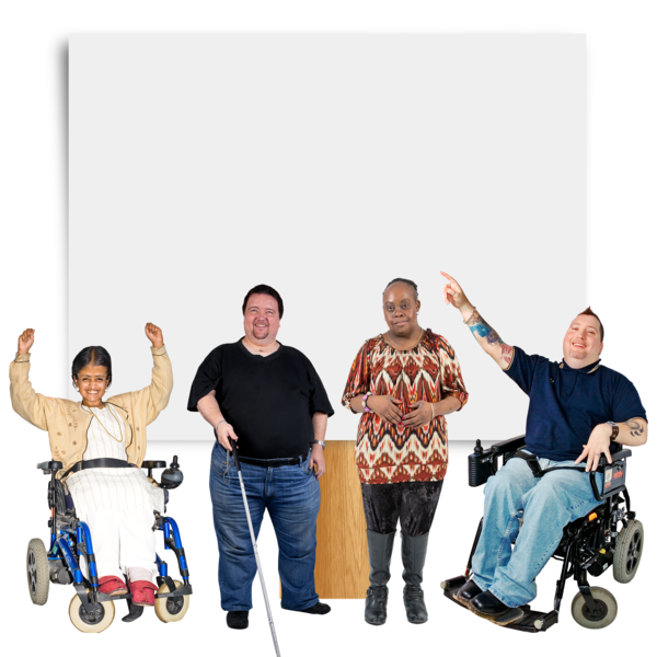 Four diverse individuals, including two in wheelchairs, stand in front of a large whiteboard. They are smiling and gesturing with their hands, indicating a positive, collaborative environment.