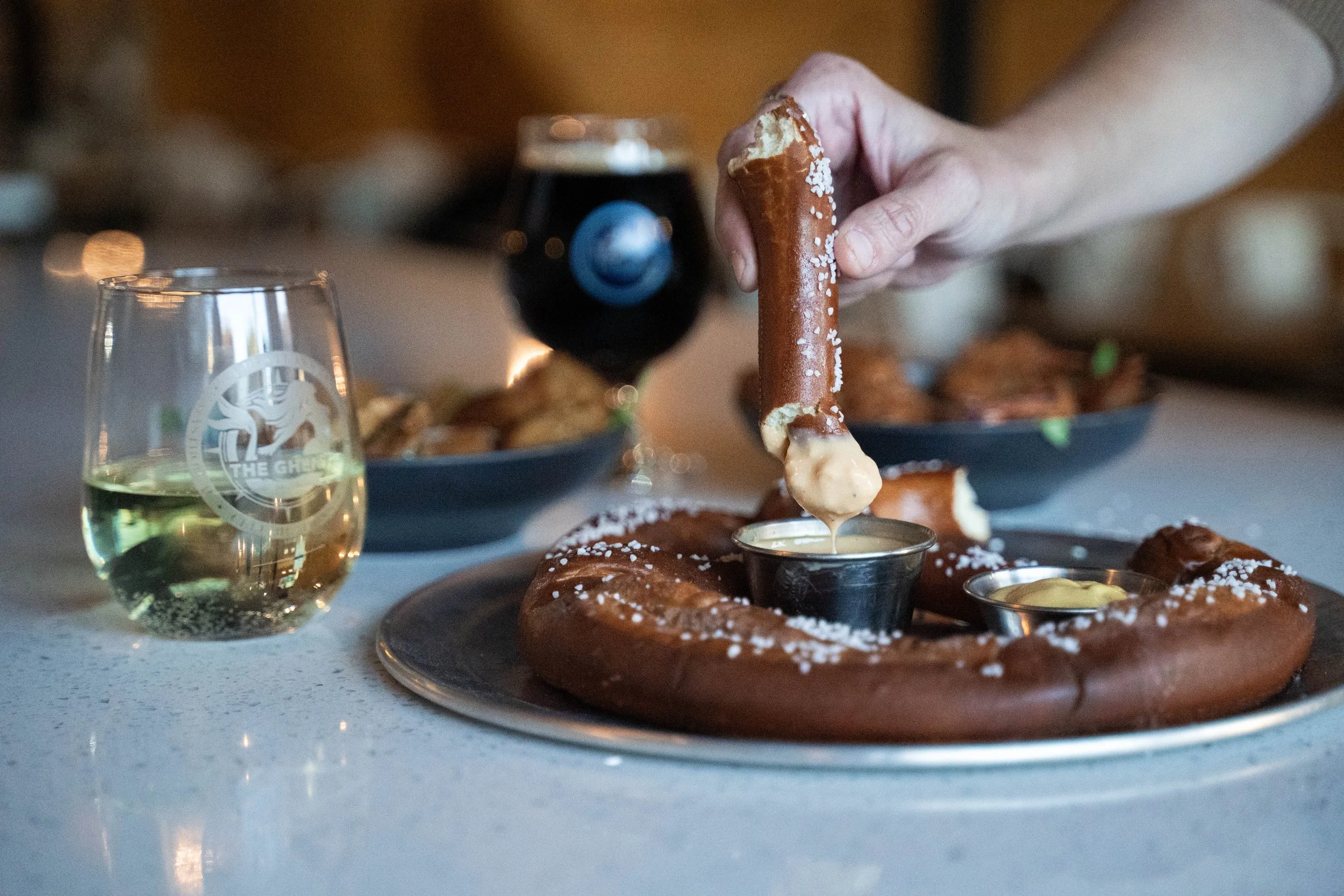 pretzel, wine, beer, beer cheese, honey mustard