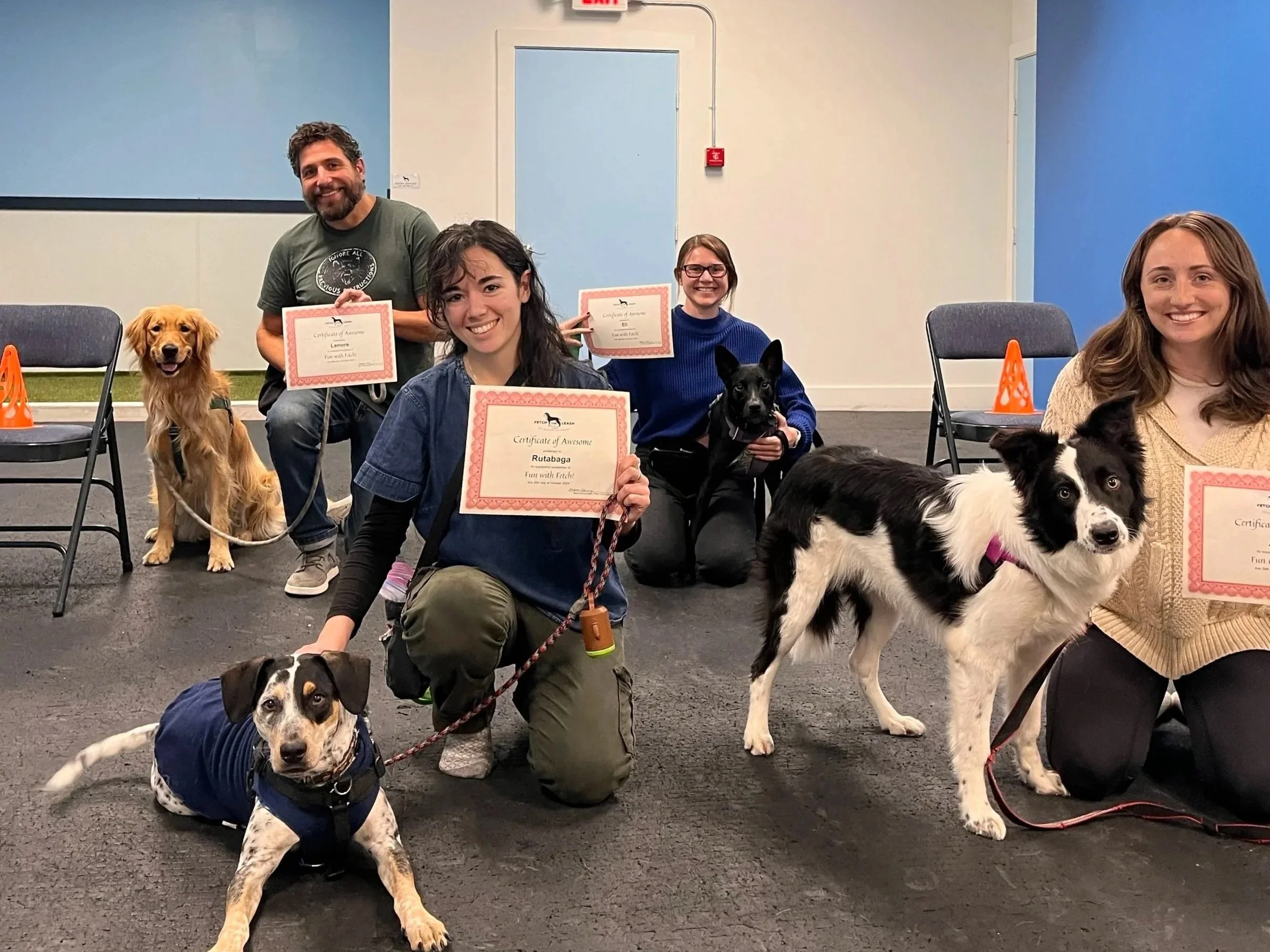 Group of four people and their dogs at a dog training class or ceremony, holding certificates, with some dogs sitting or standing next to them.