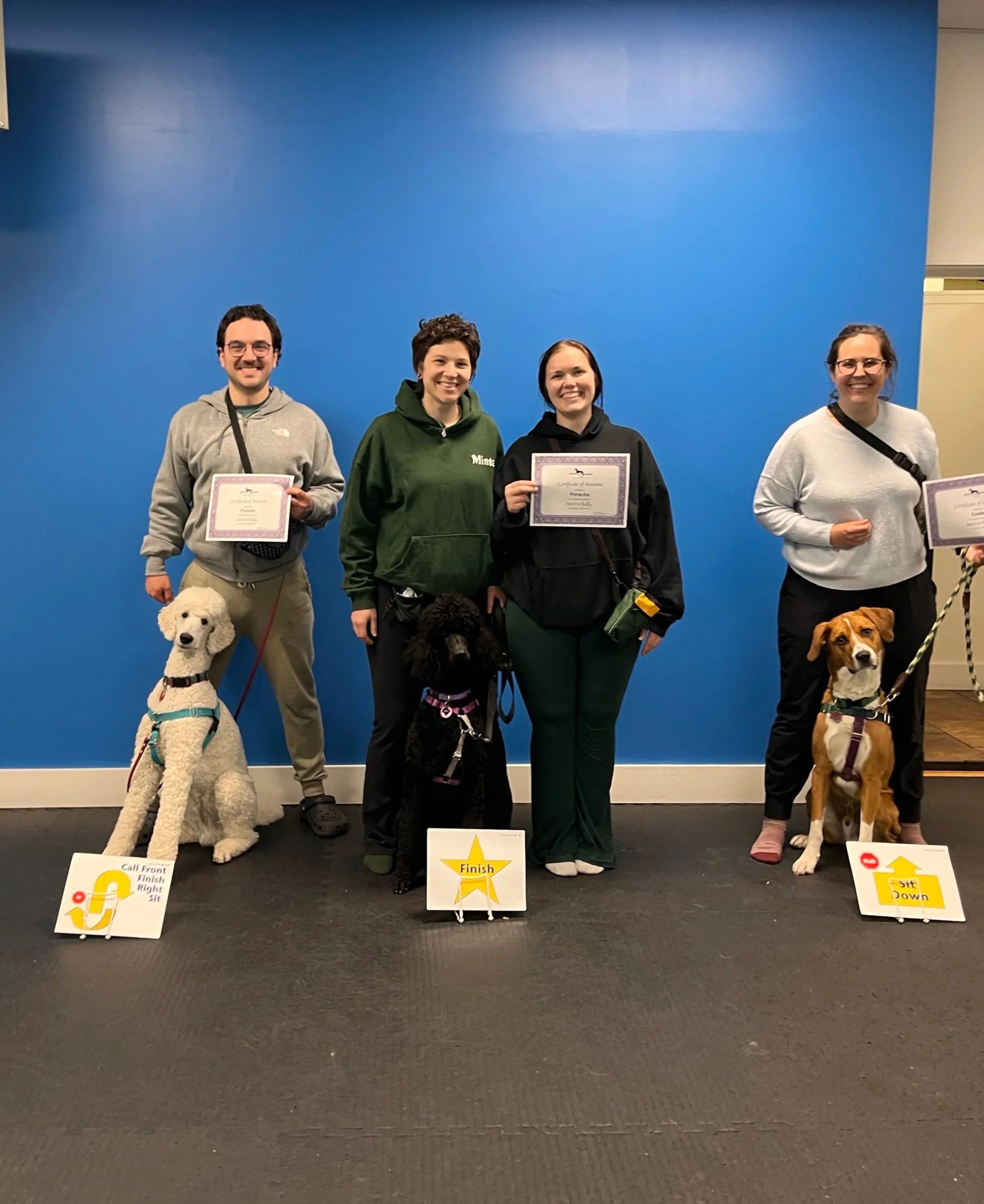 Four people standing with their service dogs, holding certificates, in front of a blue wall. The dogs are sitting beside their handlers with signs indicating commands: 'Call Front Finish Right Sit', 'Finish', and 'Sit Down'.