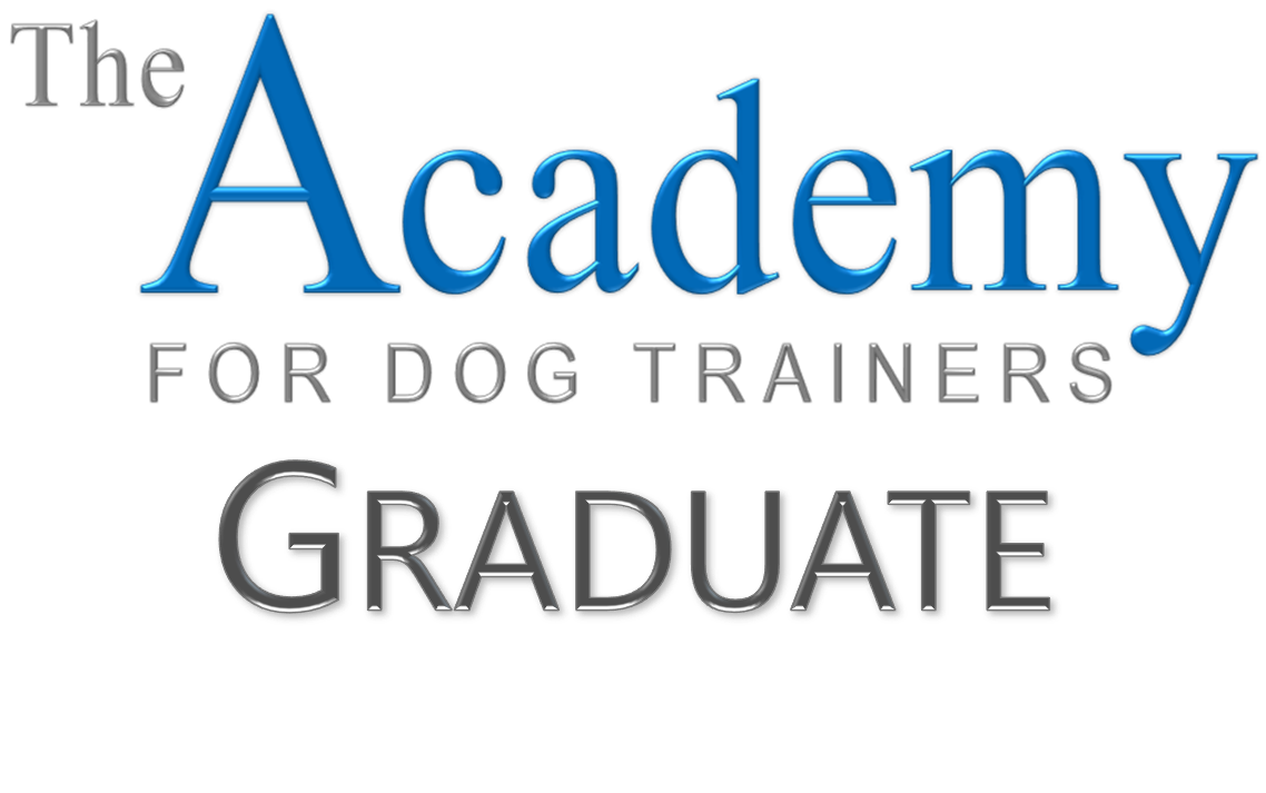 The logo for 'The Academy for Dog Trainers Graduate' featuring the words 'The', 'Academy' in large blue text, 'for Dog Trainers' in smaller white text, and 'Graduate' in gray text.
