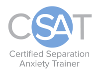 Logo for CSAT Certified Separation Anxiety Trainer, featuring a blue circle with the letters 'CSAT' and text underneath.
