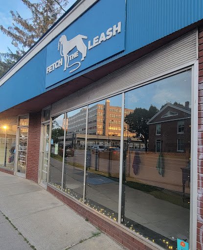 Exterior view of a pet grooming shop named Fetch the Leash, with large glass windows and a blue sign with a dog logo.