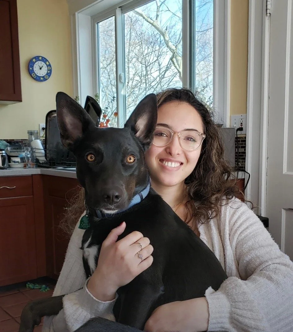 Adina & Bella (medium black & white dog with perk ears)