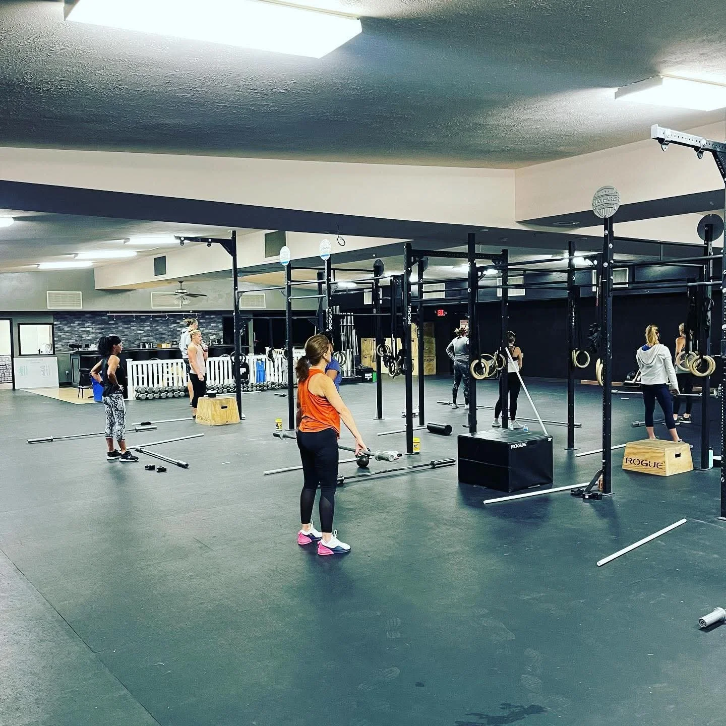 CrossFit group class box jumpovers.