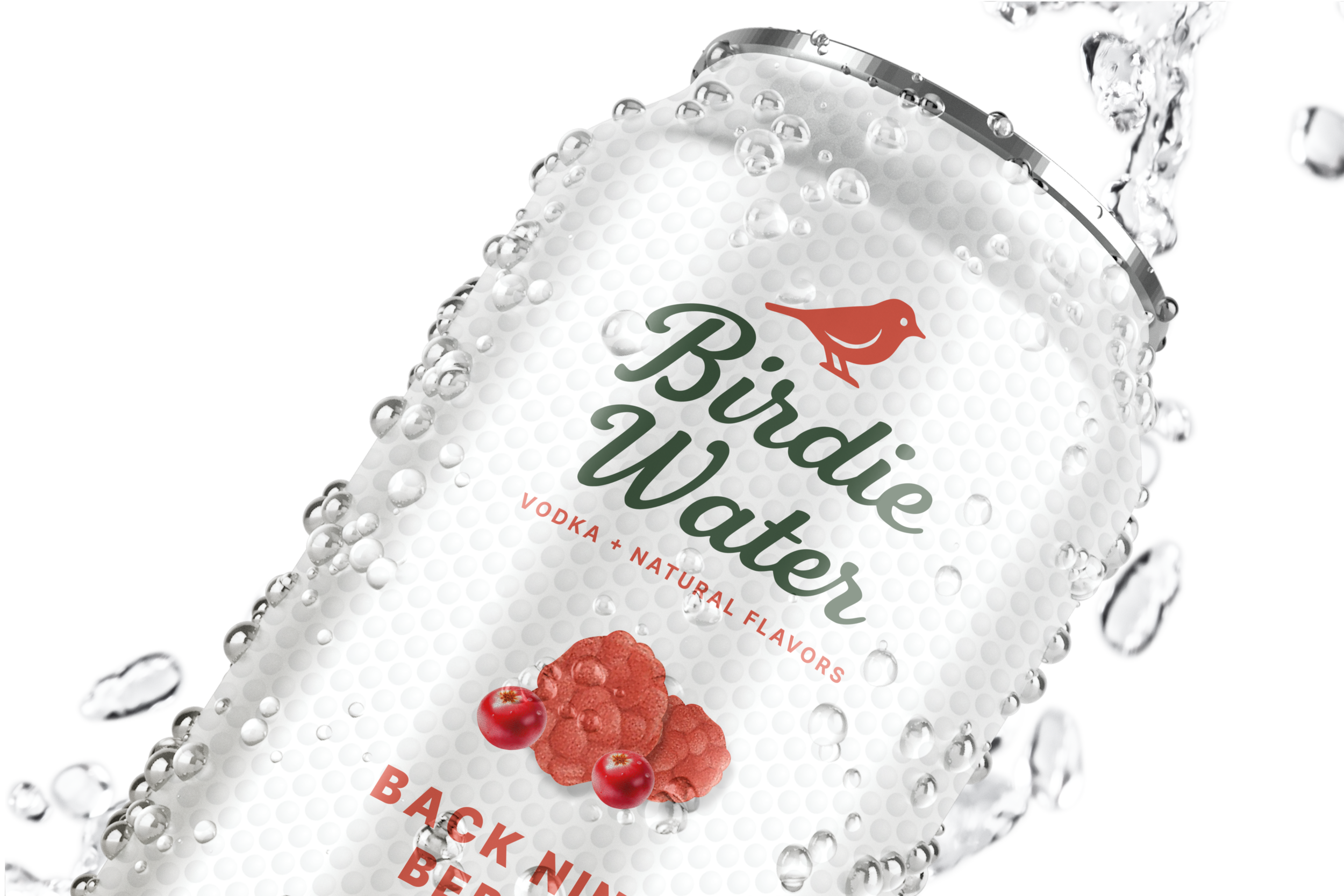 A can of Birdie Water with a berry flavor, labeled as vodka and natural flavors, with water droplets on the surface and a raspberry and cranberry illustration on the label.