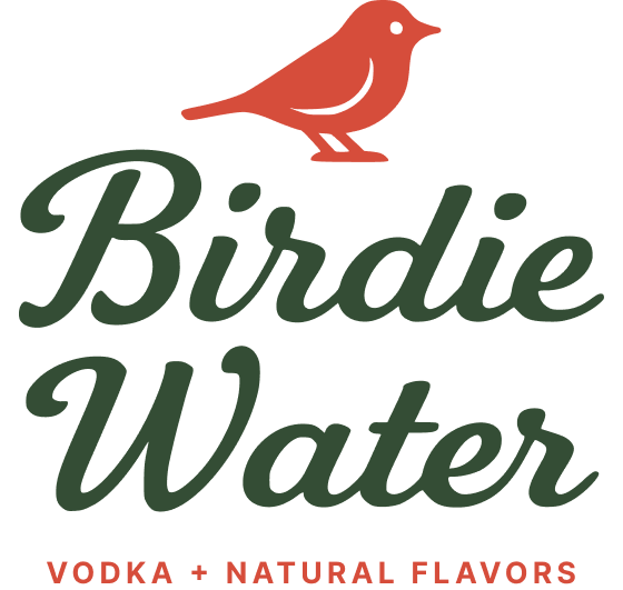 Logo featuring an orange bird sitting on top of the text 'Birdie Water' with the subtitle 'Vodka + Natural Flavors' in red.
