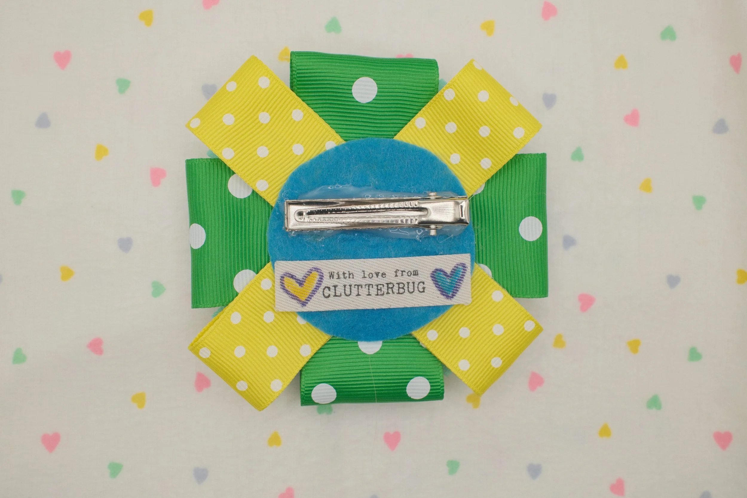 green and yellow ribbon button hair clip