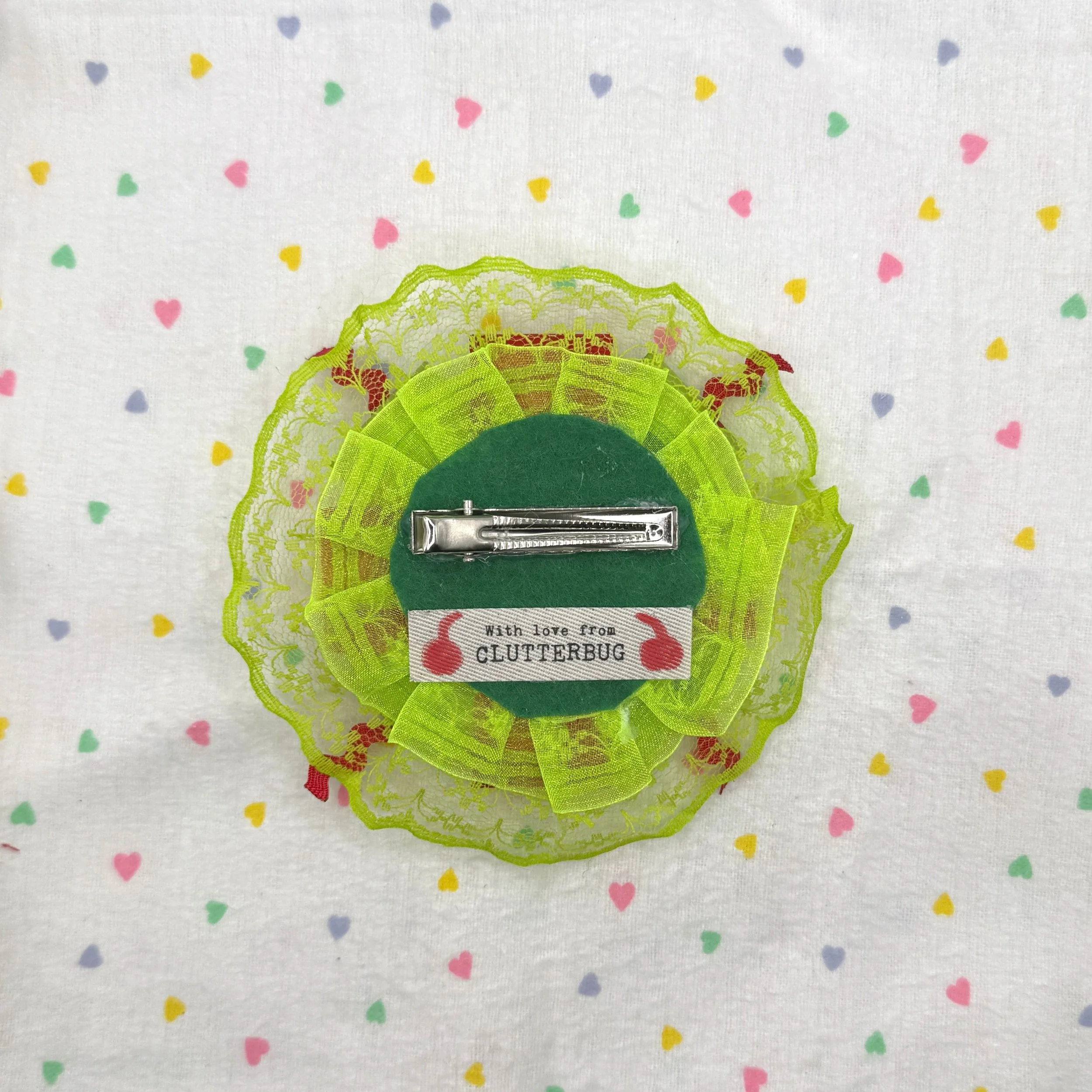 yellow green red button ribbon hair clip